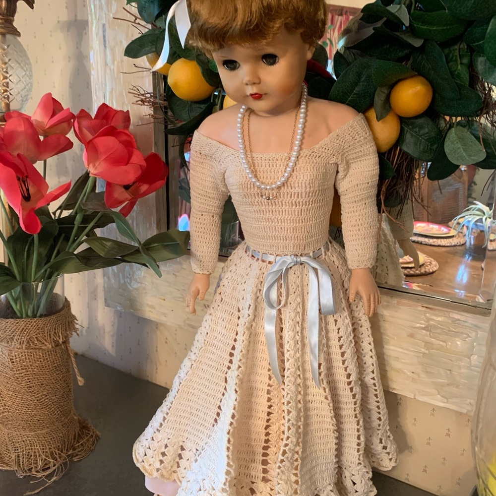 VINTAGE 1950’s MANCO doll, approx 28 inches tall, BLUE eyes that open and close.